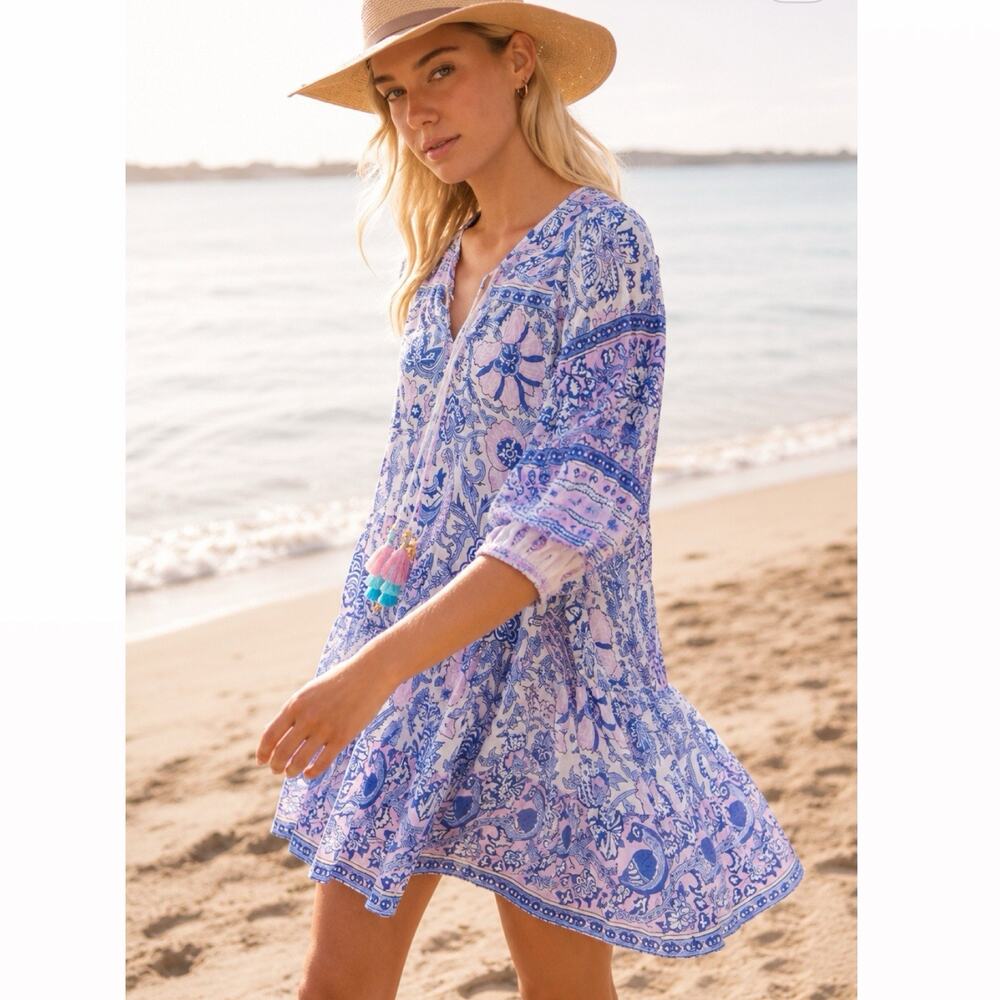 Bell By Alicia Bell Amelia Cotton Silk Mini Dress Block Print Tassel XS Coastal